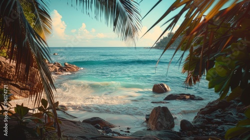 A view of the sea from rocks and palm trees on Seychelles