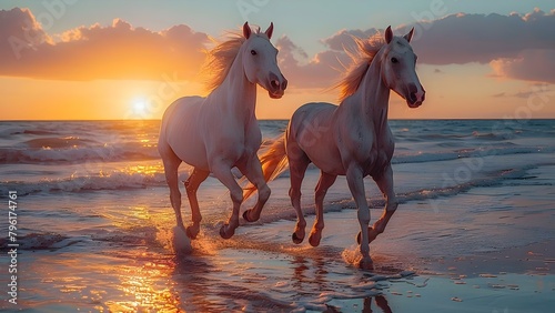 The Power and Grace of Two Horses Running on the Beach at Sunset. Concept Horses  Beach  Sunset  Power  Grace