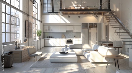 A minimalist loft apartment with open-concept living and minimalist furnishings, maximizing space and light for a modern and stylish urban retreat.