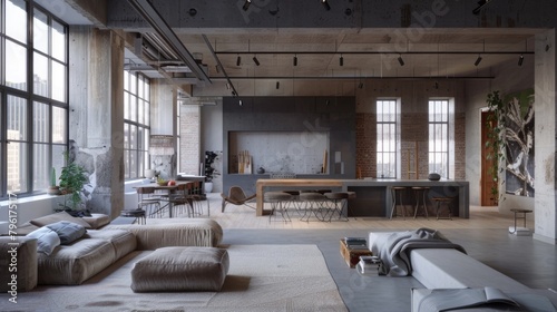 A minimalist loft apartment with open-concept living and minimalist furnishings, maximizing space and light for a modern and stylish urban retreat.