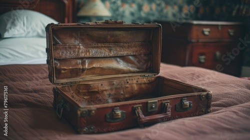 A vintage leather suitcase open on the bed, with a worn texture and brass hardware. The brown colored case showcases its rich history as an old-fashioned travel item