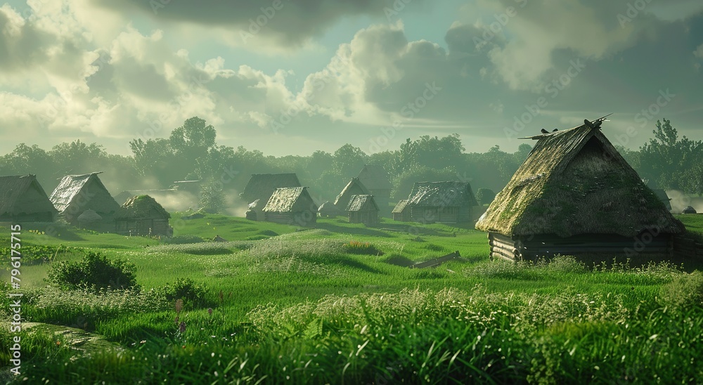Ancient Slavic village with thatched huts, small forest in background. Ancient Slavic village with thatched huts, small forest in background.