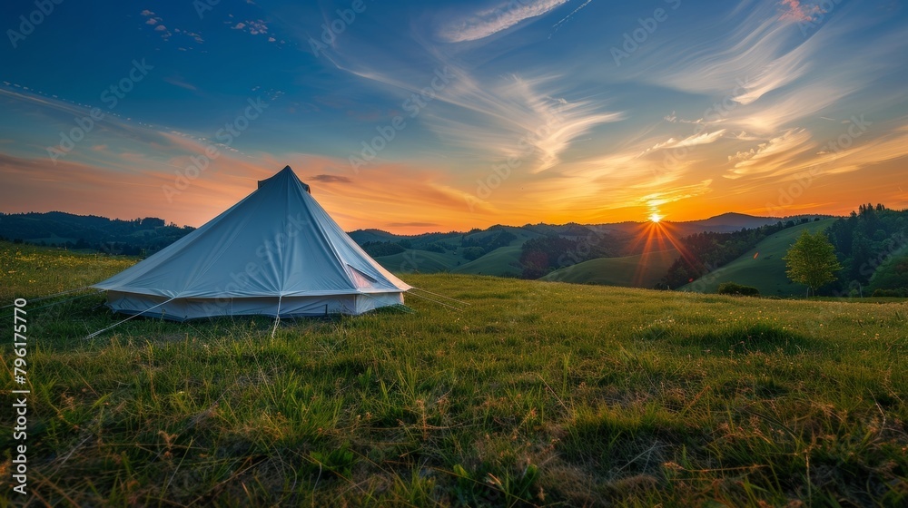 A romantic and secluded tent set up on a pastoral hill with a clear view of a vibrant sunset and a starry sky emerging as the night falls. 2d flat cartoon.