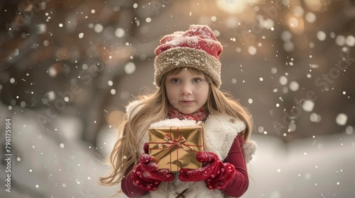 A young girl with long blonde hair, wearing red and white , holding an open gift box in her hands, wearing gloves on both palms, hat, in the style of photorealistic landscapes