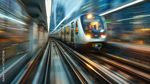 A modern metro train speeding through an urban landscape  passengers seated comfortably  illustrating the efficiency and convenience of public transportation.