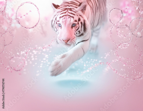 パステルカラーのファンタジーな雰囲気のある　キラキラ輝きを纏う虎　ホワイトタイガー