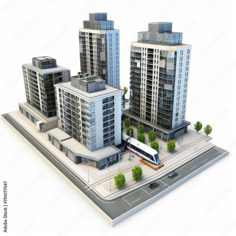 3D Render of a transit-oriented development with apartments near public transportation hubs, on isolated white background, Generative AI 3D Render of a transit-oriented development with apartments near public transportation hubs, on isolated white background, Generative AI
