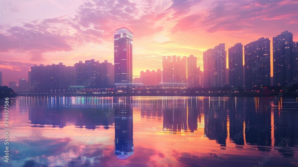 A modern skyscraper towering over a serene riverside cityscape, reflecting the vibrant hues of sunset.