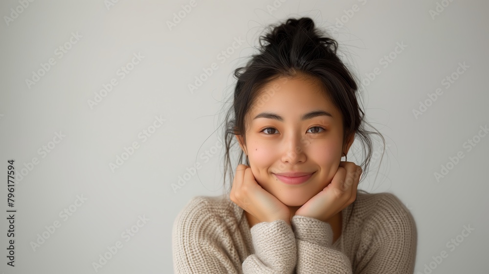 Smiling Asian Woman Touching face, white background. Smiling Asian Woman Touching face, white background.