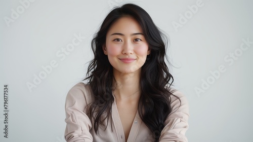 Smiling young Asian woman on white background. © ArtistryAlchemy