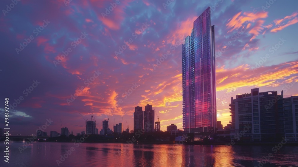 A modern skyscraper towering over a serene riverside cityscape, reflecting the vibrant hues of sunset. A modern skyscraper towering over a serene riverside cityscape, reflecting the vibrant hues of sunset.