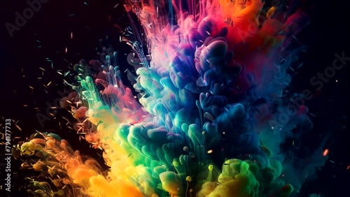 Colorful rainbow paint drops from above mixing in water. Ink swirling underwater. Cloud of silky ink isolated on black background. Colored abstract smoke explosion animation effect. Close up view. photo