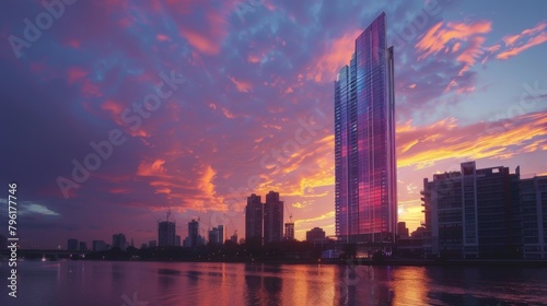 A modern skyscraper towering over a serene riverside cityscape, reflecting the vibrant hues of sunset.