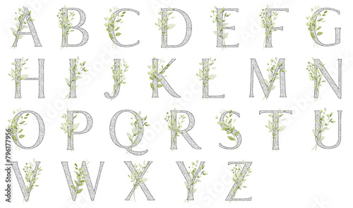 Floral alphabet, letters with watercolor leaves and leaf. Monogram initials perfectly for wedding invitations, greeting card, logo, poster and other. Holiday design hand painting. © Larisa