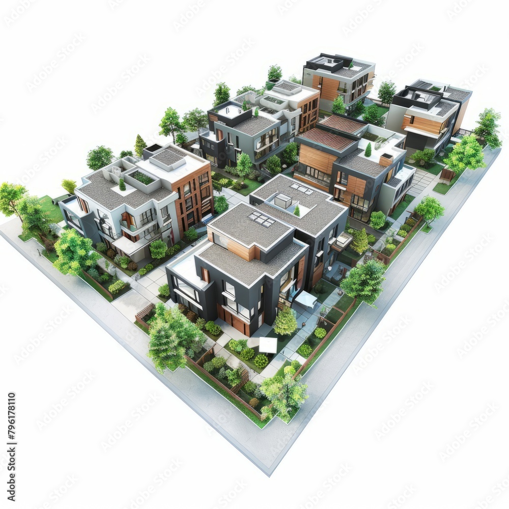 3D Render of an urban infill project with modern townhomes and green spaces, on isolated white background, Generative AI 3D Render of an urban infill project with modern townhomes and green spaces, on isolated white background, Generative AI