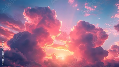 Heartshaped clouds in a pink sunset sky evoking love and tenderness. Concept Romantic Sky, Heart Shapes, Pink Sunset, Love and Tenderness photo