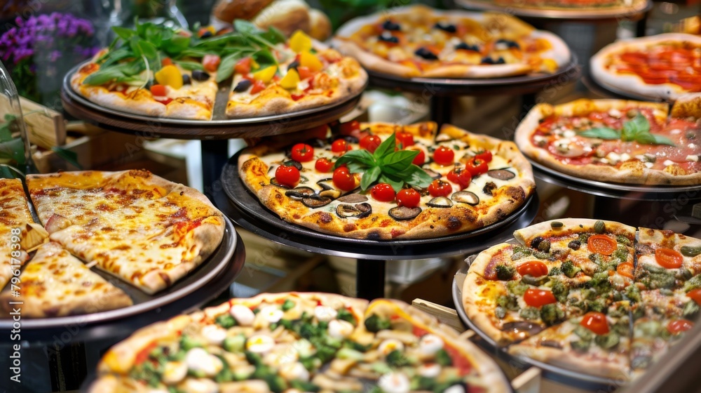A mouthwatering assortment of gourmet pizzas on display at a restaurant
