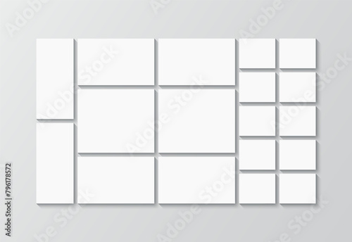 Mosaic picture frame. Photo collage square layout. Moodboard grid. Portfolio images mockup. Album brandboard. Scrapbook template. Mood board background. Gallery banner. Vector illustration