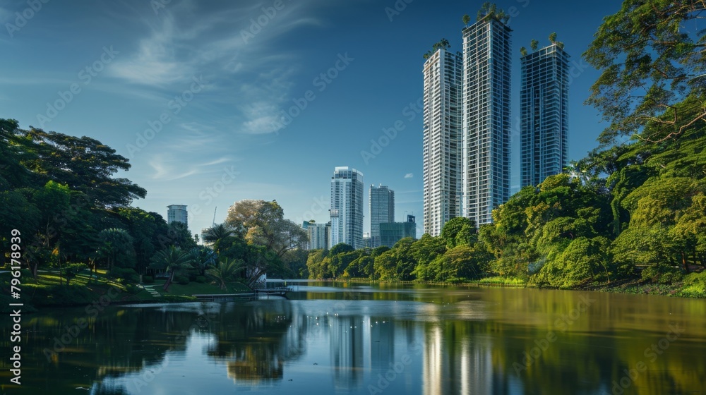A panoramic shot of a modern skyscraper on the riverbank, framed by verdant trees and a shimmering waterway, epitomizing urban elegance.