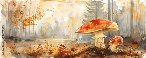 mushroom painting banner, forest autumn landscape concerpt 