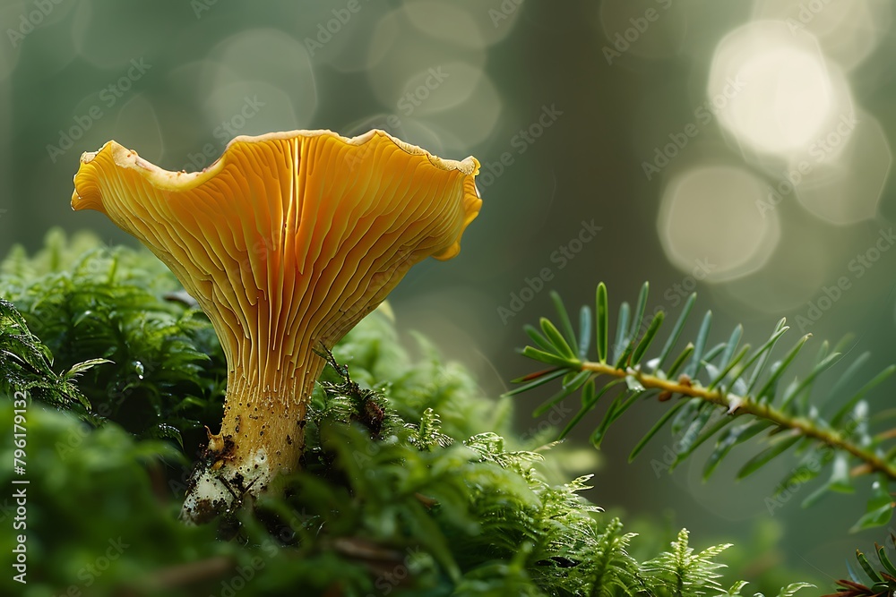 chanterelle mushrooms with pine branch in the forest green moss, rich forest harvest concept, nature wallpaper card background, hunting pick up mushrooms chanterelle mushrooms with pine branch in the forest green moss, rich forest harvest concept, nature wallpaper card background, hunting pick up mushrooms