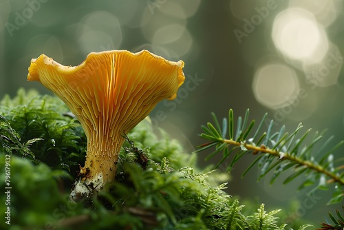 chanterelle mushrooms with pine branch in the forest green moss, rich forest harvest concept, nature wallpaper card background