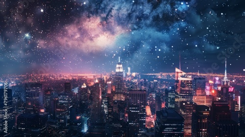 A panoramic view of a city skyline aglow with lights, with skyscrapers reaching towards the stars and creating a breathtaking tableau of urban beauty and splendor. photo