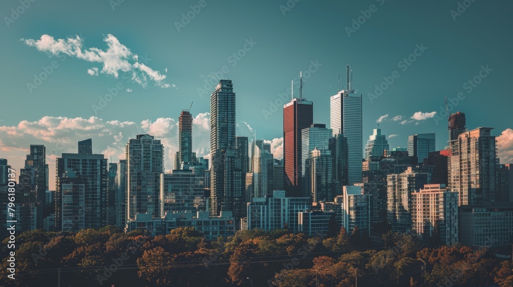 Fototapeta premium A panoramic view of a city skyline with iconic skyscrapers standing tall against the horizon