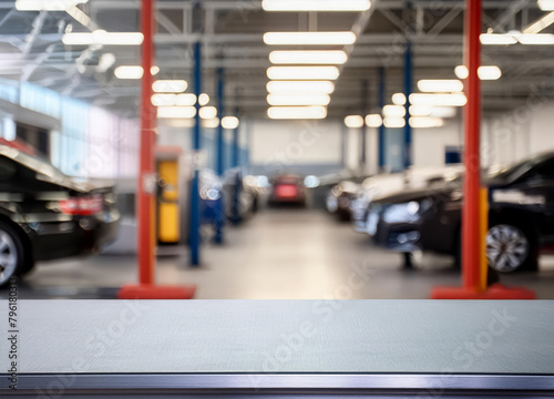 Metalic table for product display in front of blurred factory garage repair shop background