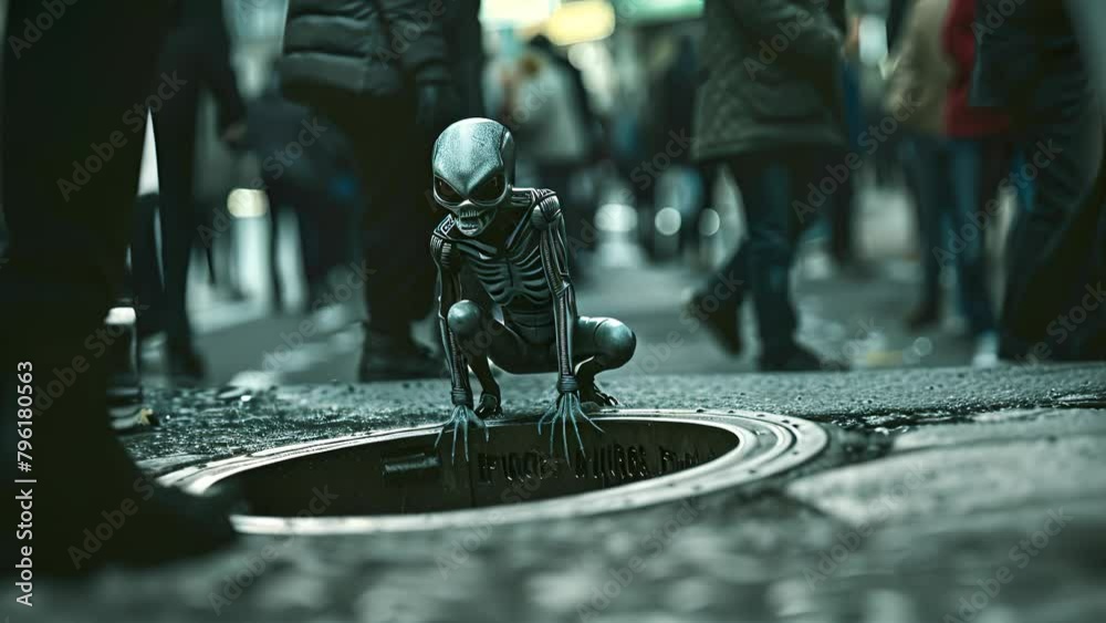 An alien figure emerges from a city manhole, contrasting starkly with ...