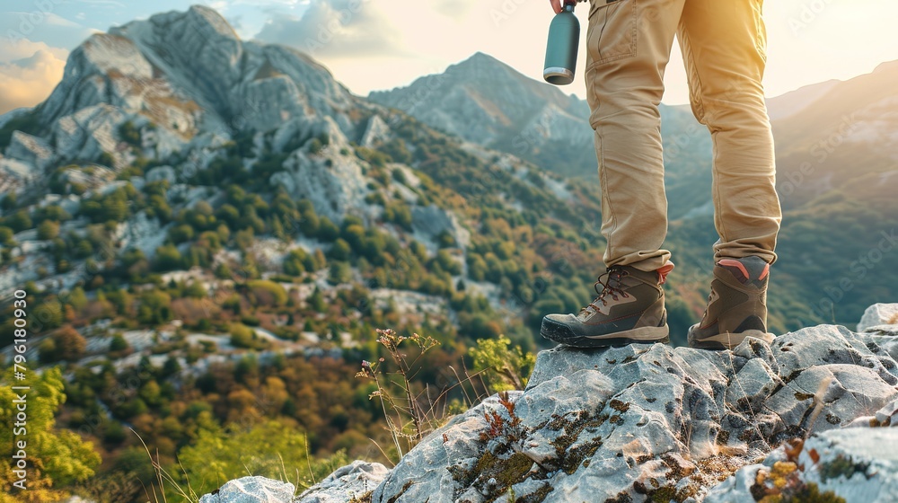 Side view, Close up legs of young asian hiking man standing, camera on kneck and holding water drink bottle with happy on peak of rocky mountain, beautiful landscape in background, copy space Side view, Close up legs of young asian hiking man standing, camera on kneck and holding water drink bottle with happy on peak of rocky mountain, beautiful landscape in background, copy space
