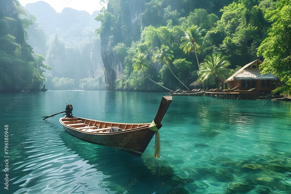 Captivating Tropical Lagoon with Wooden Boat Amid Lush Jungle Landscape