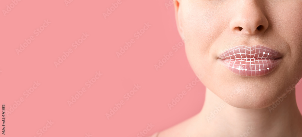 Beautiful young woman with marking on lips against pink background with space for text, closeup. Cosmetology concept Beautiful young woman with marking on lips against pink background with space for text, closeup. Cosmetology concept