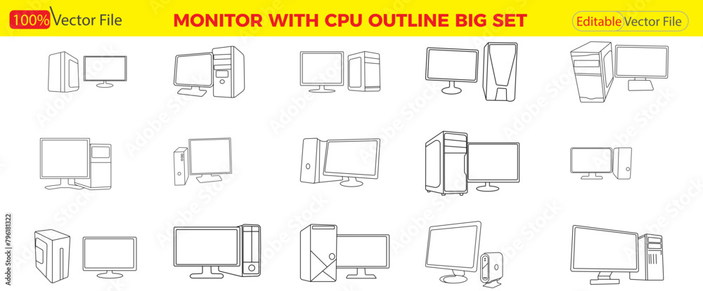 Desktop Pack Vector PC Icon Including Monitor CPU Mouse and Keyboard Liner Art All Black and White. Monitor with cpu Company. Technology. Business Monitor CPU icon of computer component. Desktop Pack Vector PC Icon Including Monitor CPU Mouse and Keyboard Liner Art All Black and White. Monitor with cpu Company. Technology. Business Monitor CPU icon of computer component.