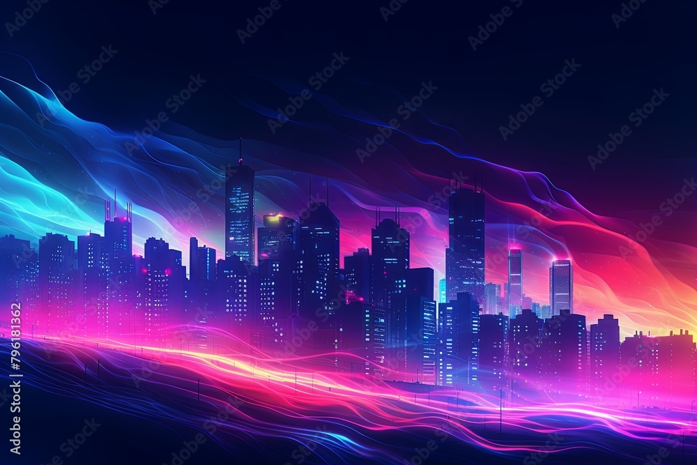 Electric Neon City Gradients: Urban Light Waves Illuminate the Night