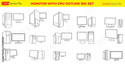 Computer set icon. Motherboard, monitor, system unit, desktop, screen, processor, cpu, work place, laptop, pc working, office. Vector icon in line, Computer Icon with Monitor and CPU.
