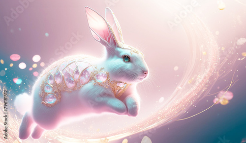 パステルカラーのファンタジーな雰囲気のある　キラキラ輝きを纏う可愛いウサギ