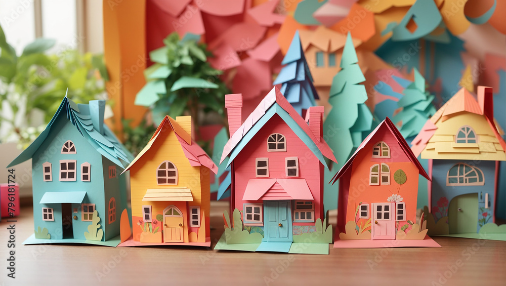 A row of 7 paper houses with colorful paper trees behind them.

