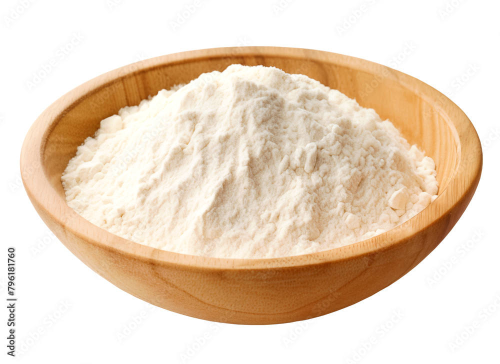 Flour in wooden plate, transparent background