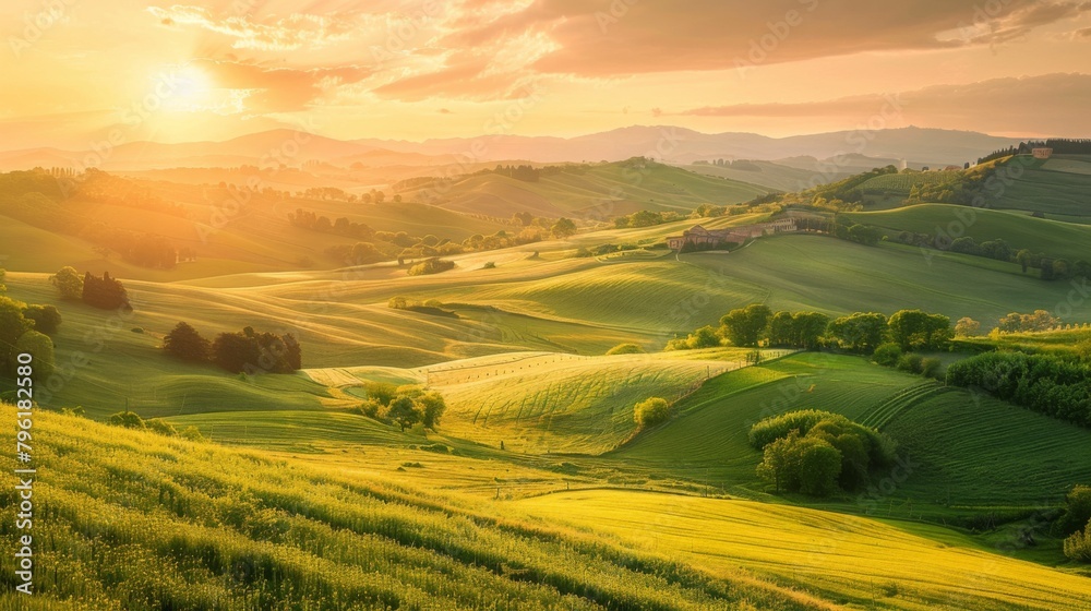 Fototapeta premium A picturesque countryside sunrise illuminating rolling hills and farmland, evoking a sense of rural serenity