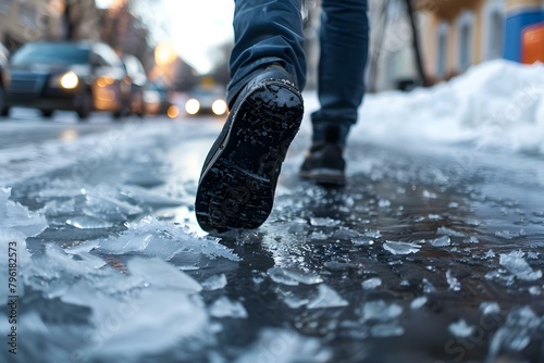 Man slipped on icy sidewalk in city facing hazard of falling. Concept Accident, Winter Weather, City Life, Safety Precautions, Emergency Response photo