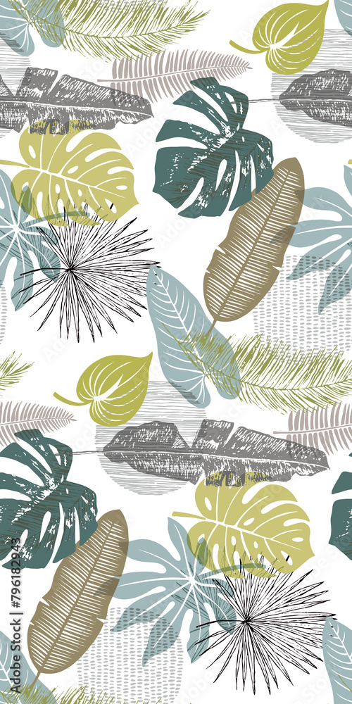 Fototapeta premium Textile and digital seamless pattern with leaves design 