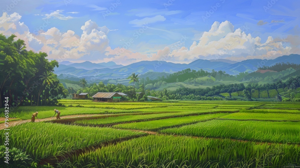 A picturesque rural landscape adorned with vibrant green rice fields, where farmers toil under the vast expanse of the open sky, sowing the seeds of sustenance.