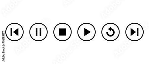 Pause, stop, play, replay, previous, and next track icon on circle line