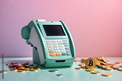 A blue and white credit card reader is sitting on a table. There is a Bitcoin symbol made of metal sitting in front of it with a pile of pennies and dimes next to it.
