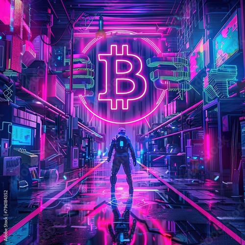 a hologram bitcoin advertising logo installed in a very modern city center