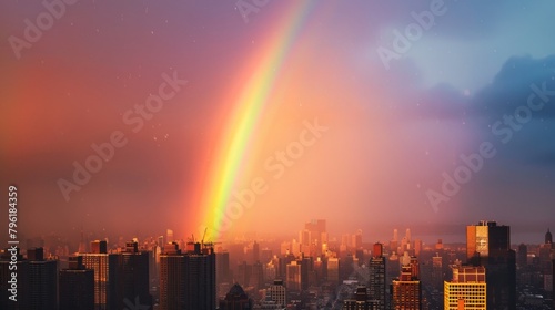 A rainbow stretching across the sky above a city skyline, bringing a moment of joy and wonder to urban life.