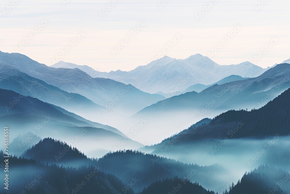Misty Highland Gradient Moods: Enchanting Mist-Covered Mountain Gradients
