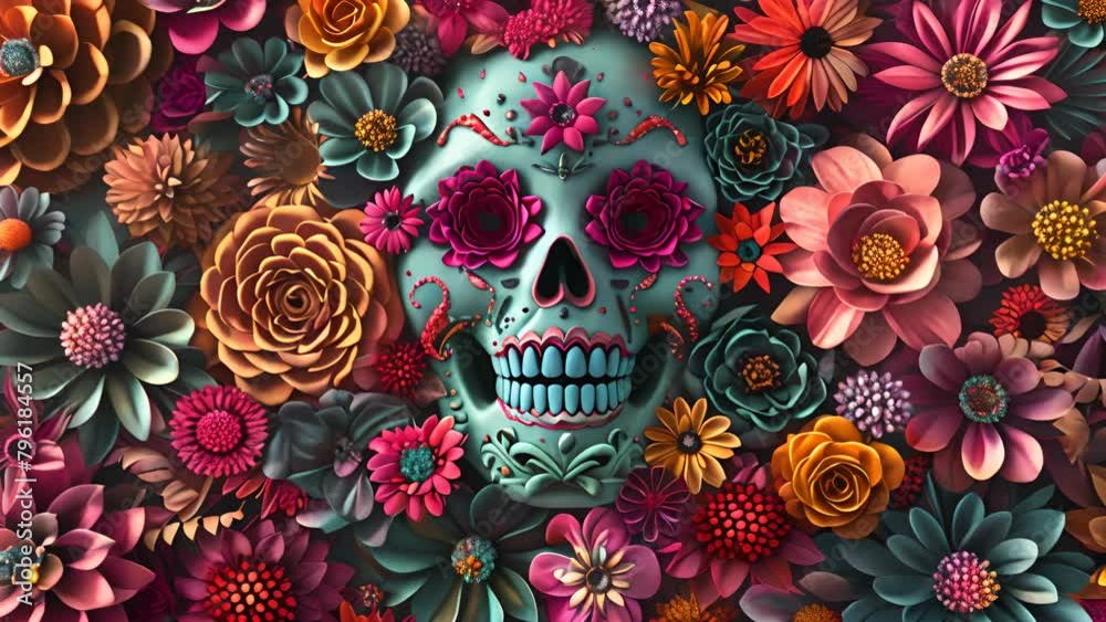 A colorful flower arrangement with a skull in the center. The skull is surrounded by a variety of flowers, including roses, daisies, and sunflowers. Scene is vibrant and lively A colorful flower arrangement with a skull in the center. The skull is surrounded by a variety of flowers, including roses, daisies, and sunflowers. Scene is vibrant and lively