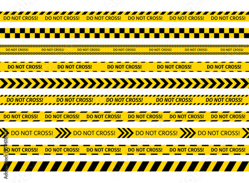 Yellow black tape. Do not cross ribbons. Police warning barrier tapes for criminal accident places. Set of caution crime scene bands. Seamless striped boundary lines. Vector illustration.